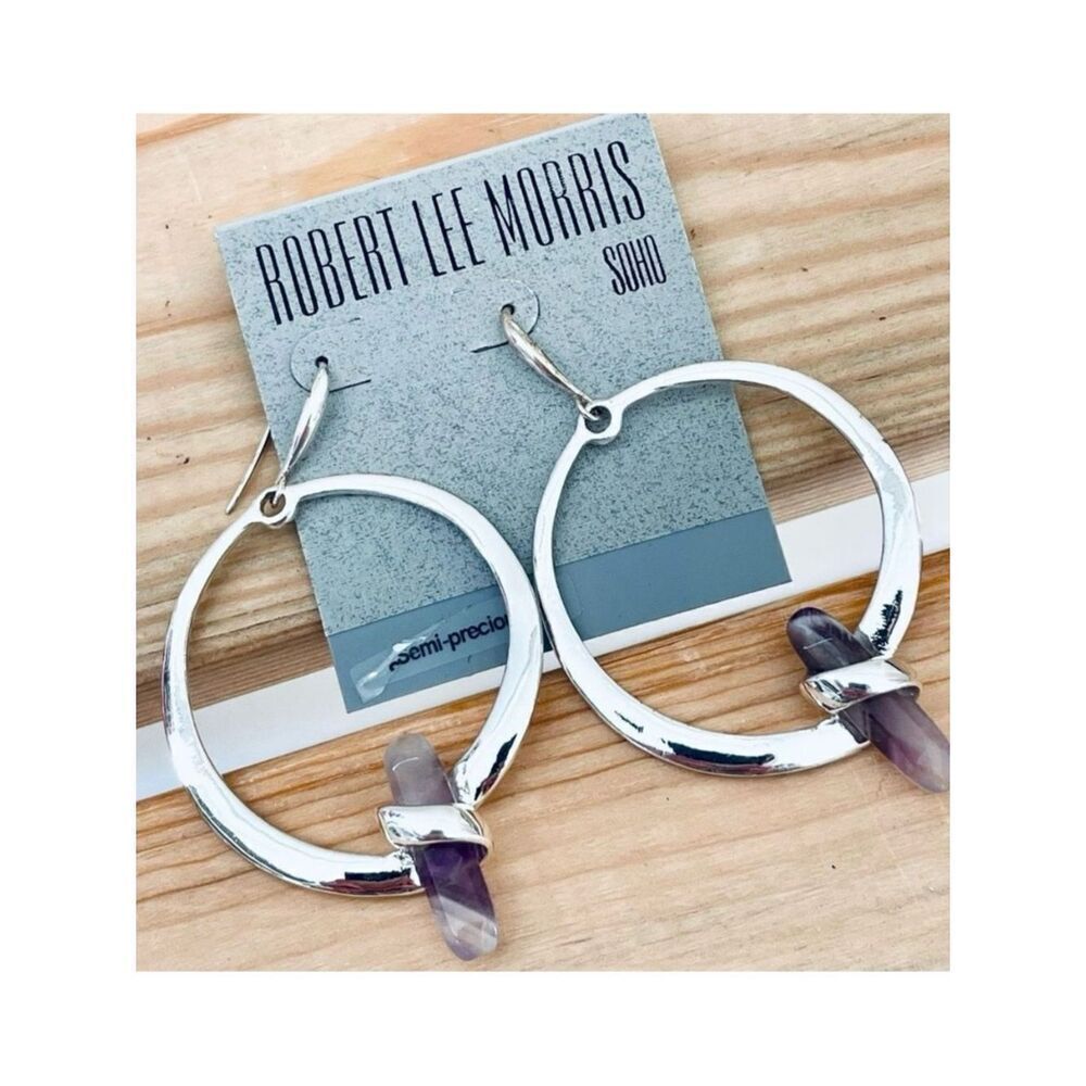 NWT Robert Lee Morris Semi Precious Polished Silver Amethyst Drop Hoops Earrings